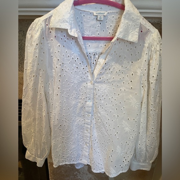 Sundance Women’s Embroidered Eyelet Balloon Slv 💯 cotton Button blouse M - Picture 7 of 14